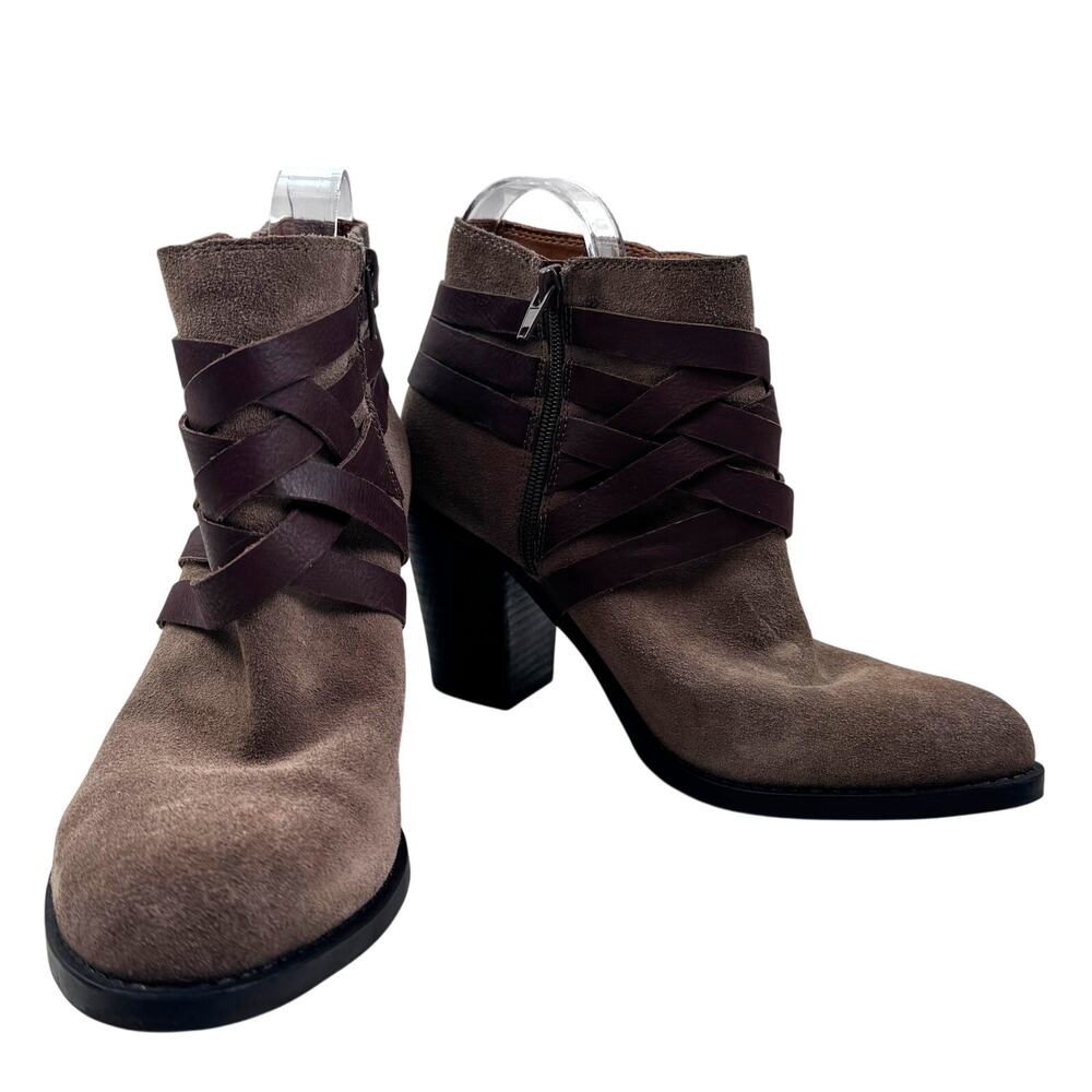 Lucky Brand Elyannah Leather Suede Taupe Buckle Moto Western Booties Women's 9